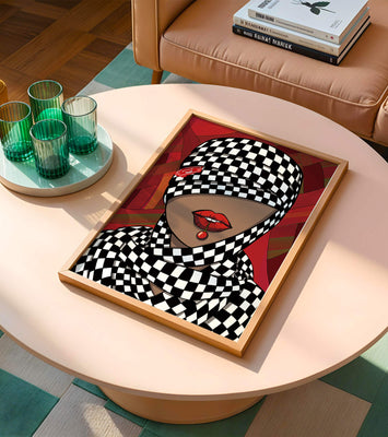 Abstract Art of Woman with Checkered Pattern and Red Lips