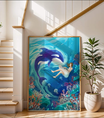 Underwater fantasy scene with a playful whale and a girl floating amidst coral and jellyfish
