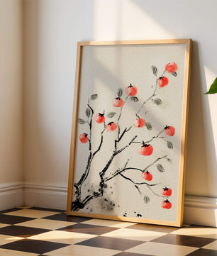 Elegant botanical illustration with vibrant red fruit on branches