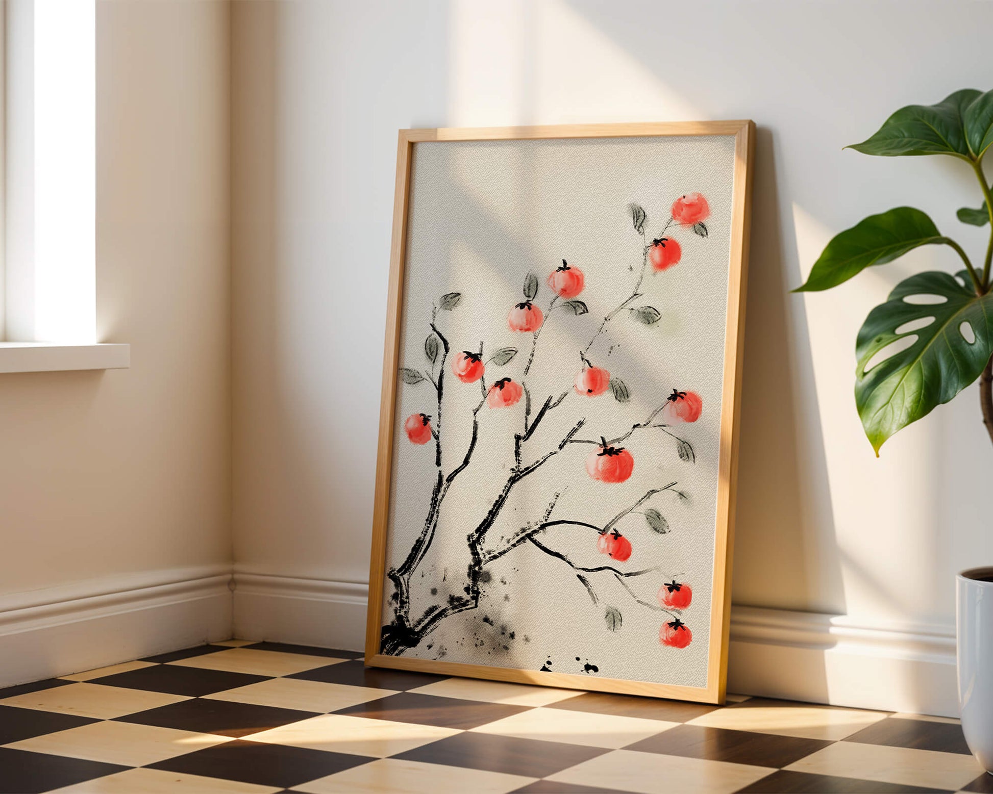 Elegant botanical illustration with vibrant red fruit on branches