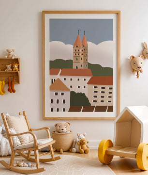Ciudad europea encantadora con torres de iglesia y edificios coloridos