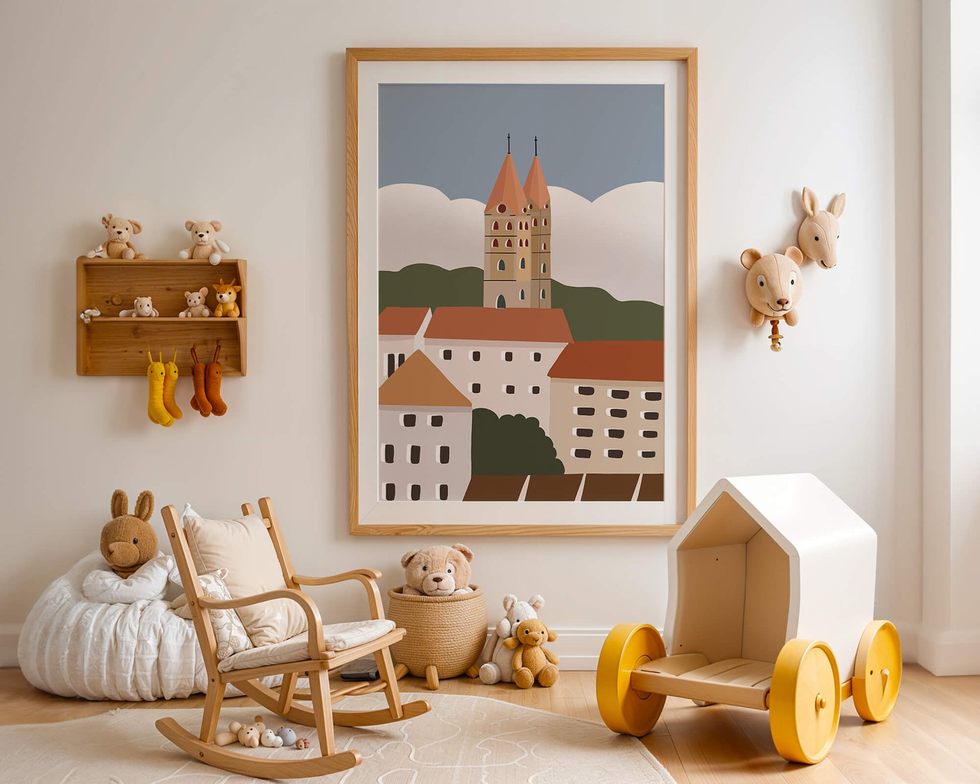 Charming European Cityscape with Church Towers and Colorful Buildings