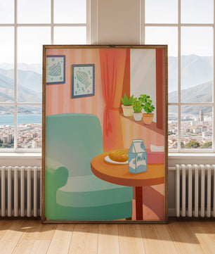 Sala de estar acogedora con mesa y cartón de leche