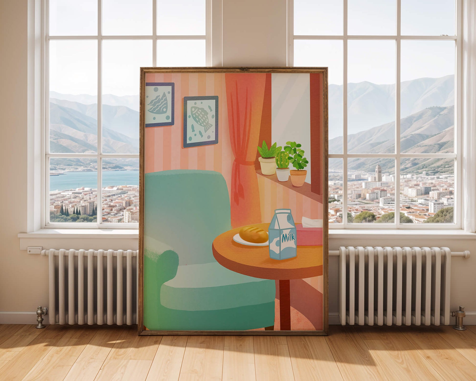 Sala de estar acogedora con mesa y cartón de leche