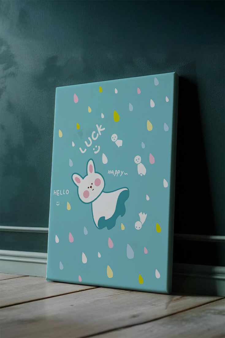 Adorable cartoon bunny with colorful drops on a blue background
