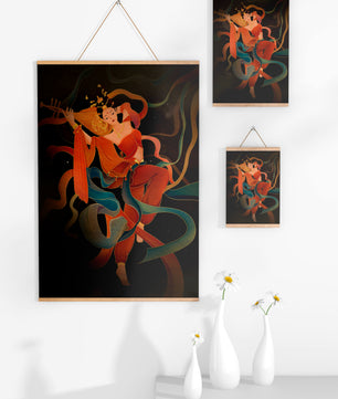 Elegant depiction of a goddess playing a lute with flowing ribbons