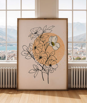 Ilustración floral minimalista con tonos pastel y fondos abstractos