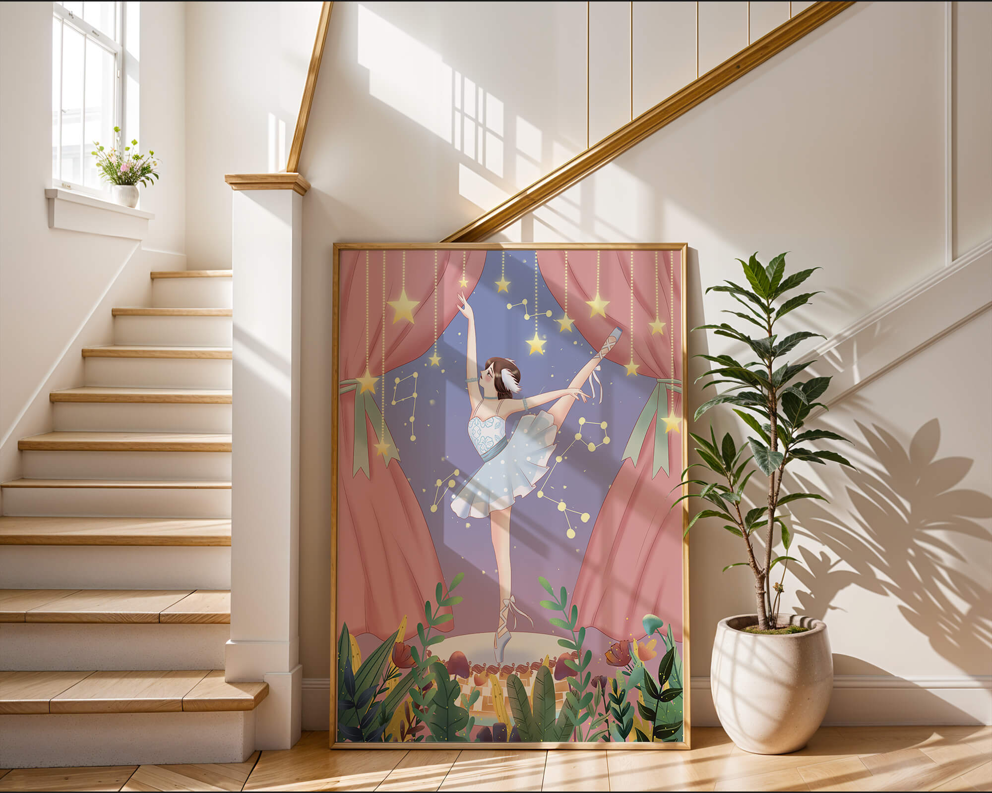 Graceful ballerina performing under starry sky on stage
