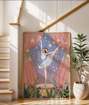 Graceful ballerina performing under starry sky on stage