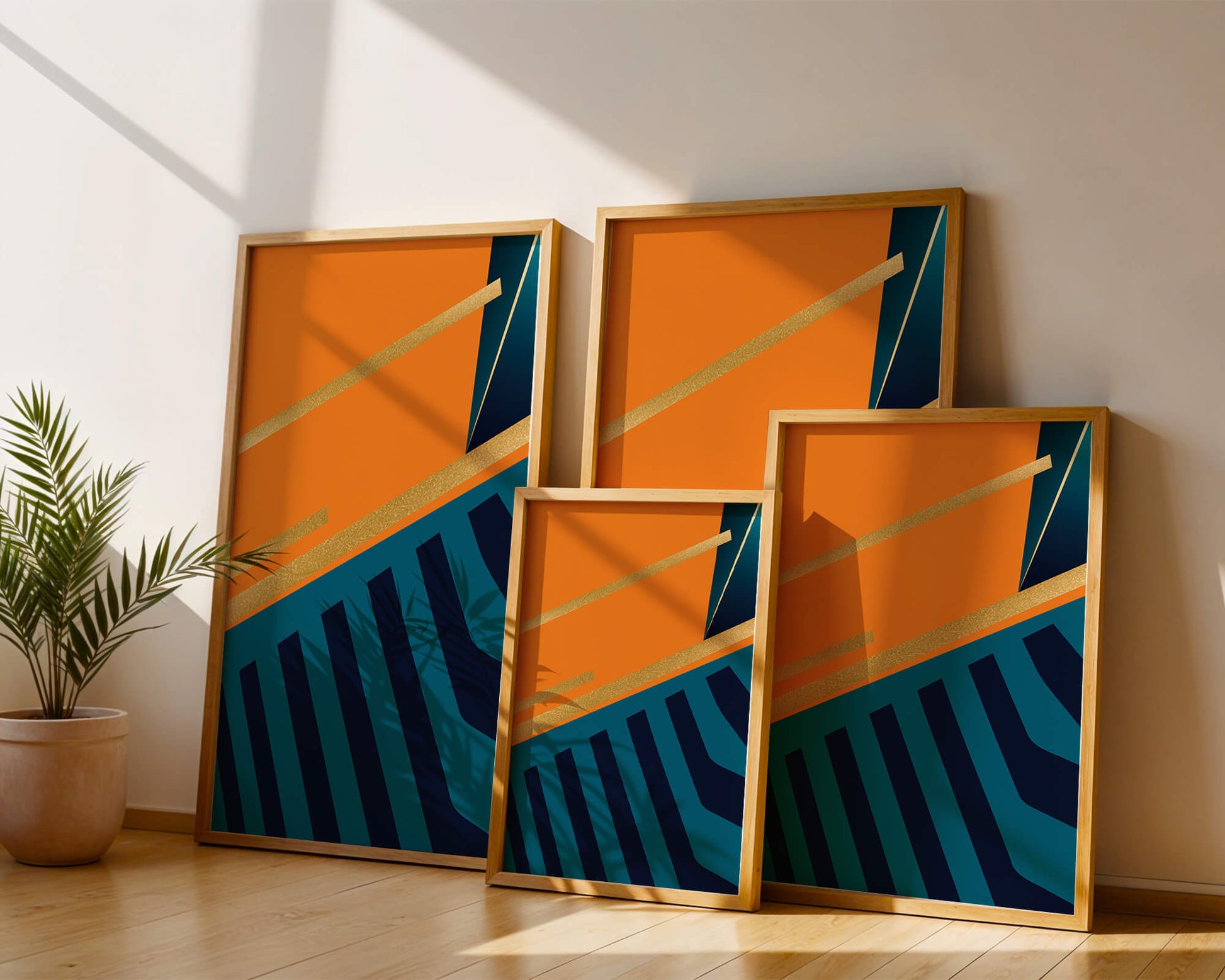 Moderne geometrische Abstraktion mit goldenen Elementen und kräftigen Farben 