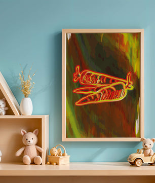Abstract art featuring neon carrots on a colorful background