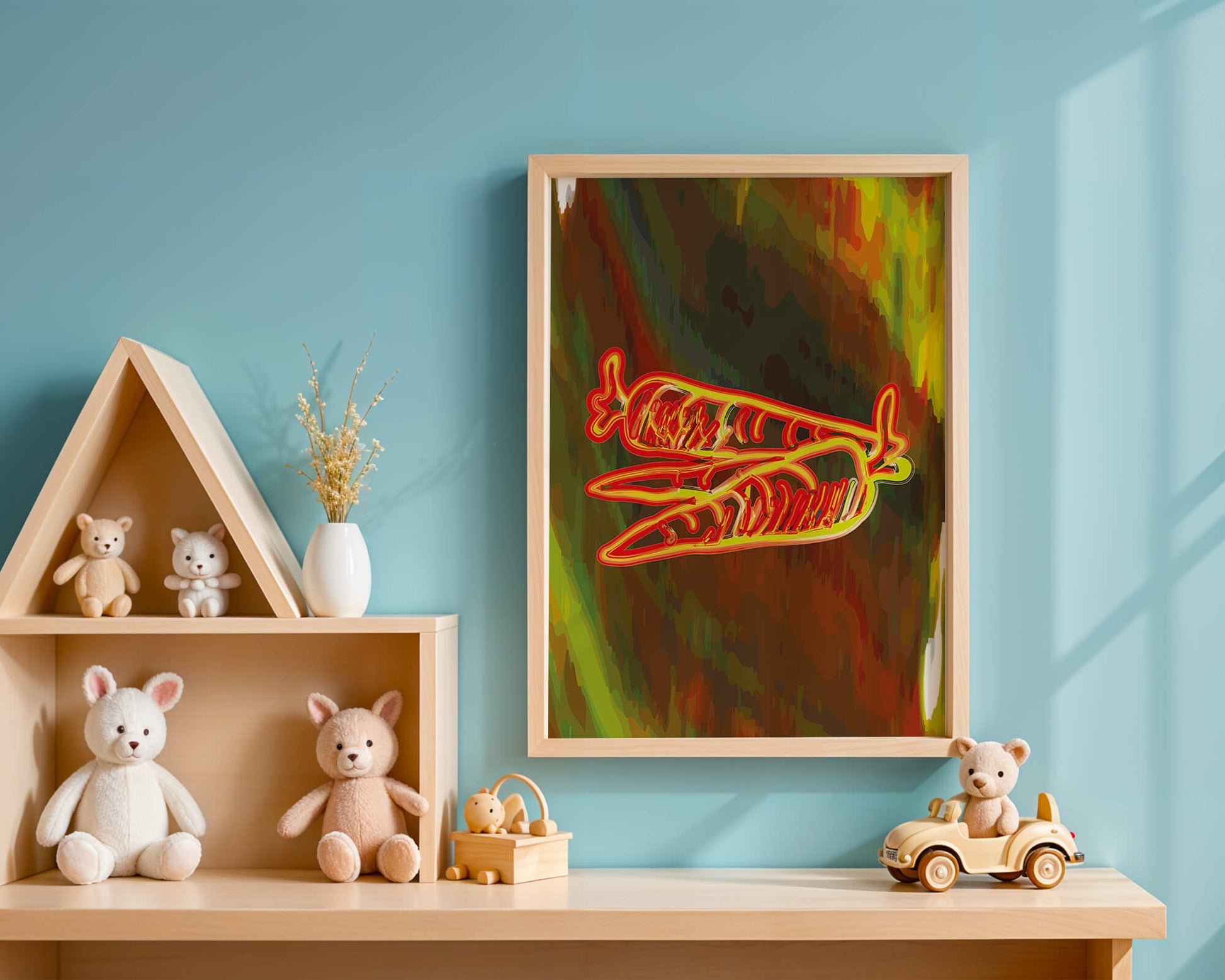 Abstract art featuring neon carrots on a colorful background