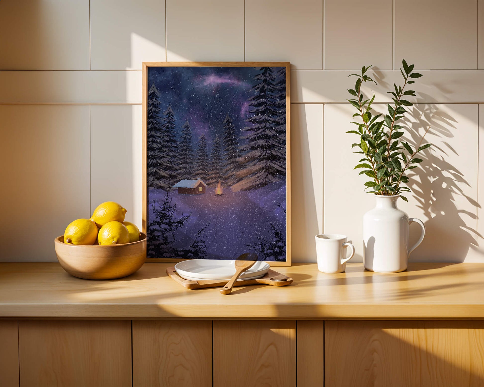 Winter night landscape with snowy cabin and pine forest