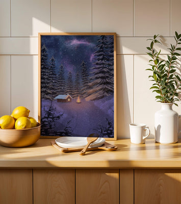 Winter night landscape with snowy cabin and pine forest