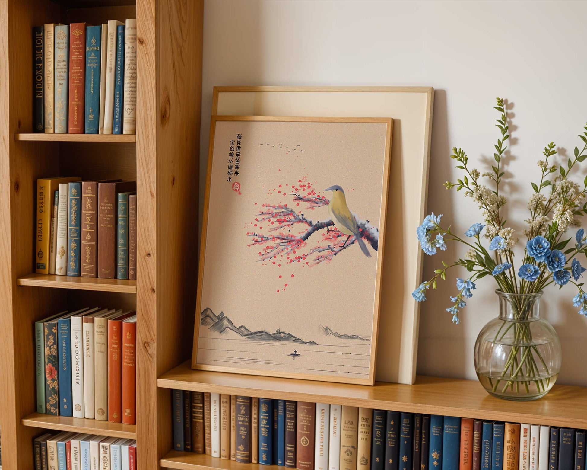 Traditional Chinese painting with bird and blossom branch over tranquil landscape