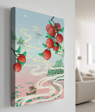 Idyllic Landscape with Lush Lychee Branches and Serene Waterscape