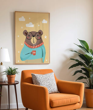 Illustration of a bear with glasses holding a tea cup against a starry background