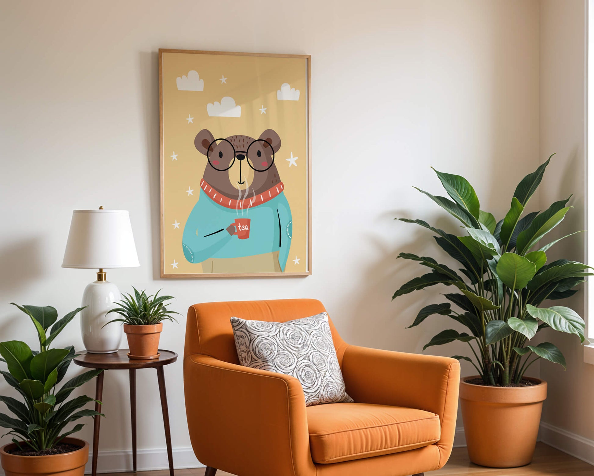 Illustration of a bear with glasses holding a tea cup against a starry background