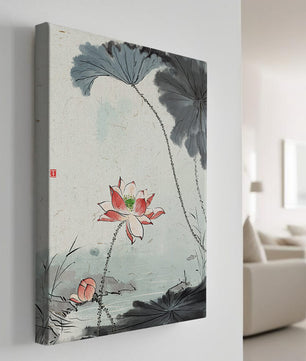Aquarell Lotusblüte mit Seerosenblättern in ruhiger Szene