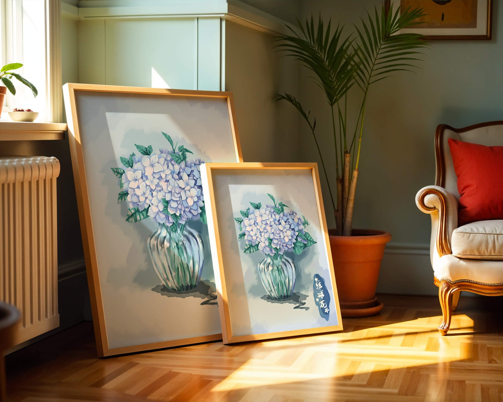 Aquarell Hortensien in einer Glasvase mit chinesischen Schriftzeichen