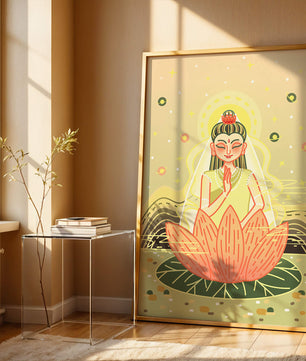 Heitere Illustration einer meditativen Figur auf einem Lotus mit himmlischem Hintergrund