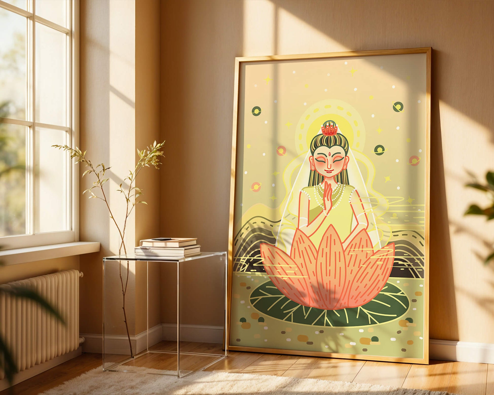 Serene illustration of meditative figure on a lotus with celestial background