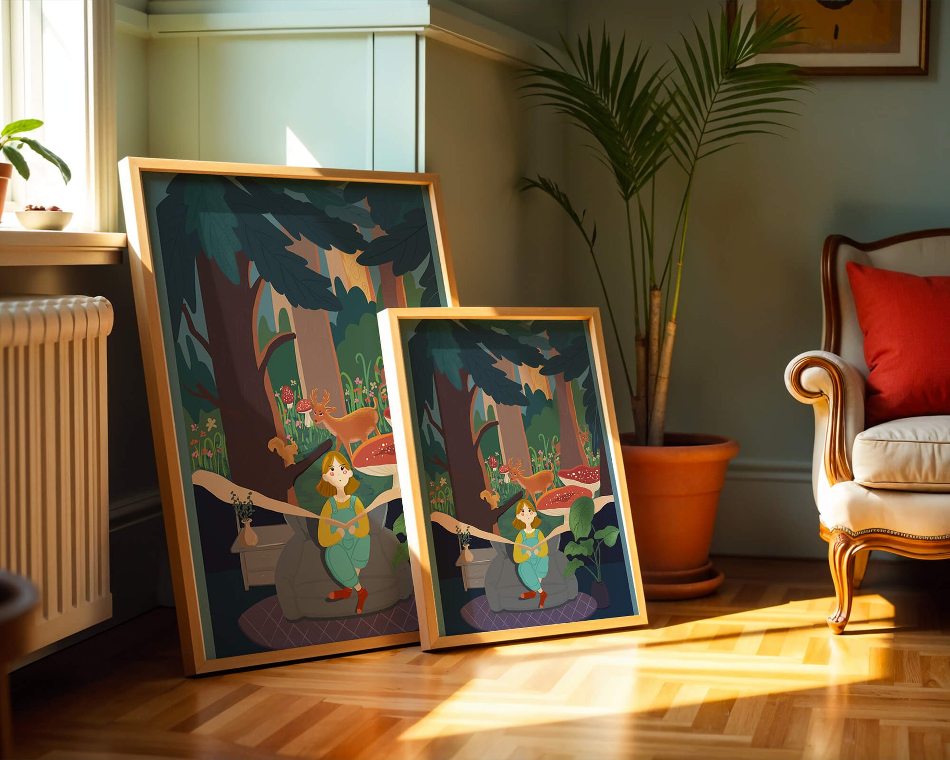 Figura femenina pacífica con criaturas del bosque y vegetación verde exuberante