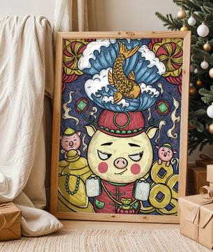 Colorful illustration featuring a whimsical pig and koi fish with decorative elements