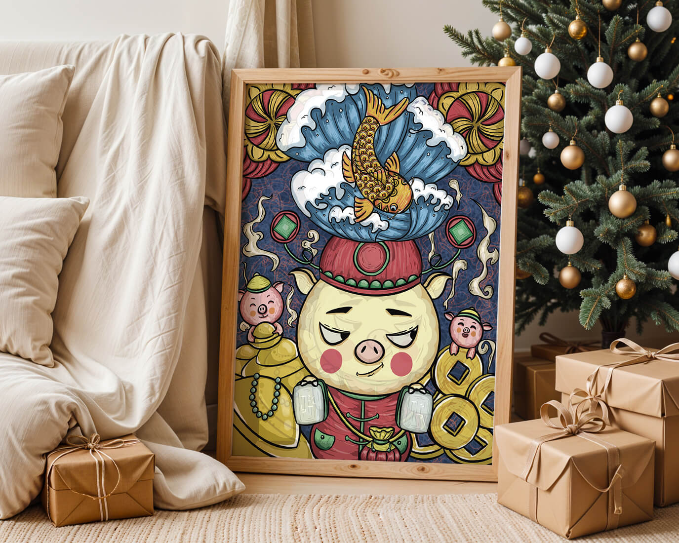 Colorful illustration featuring a whimsical pig and koi fish with decorative elements