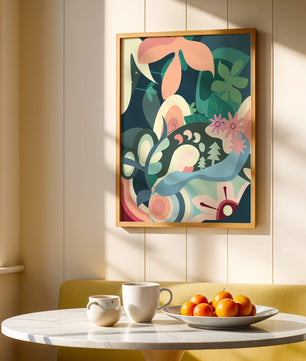 Abstract floral illustration with pastel colors and nature elements