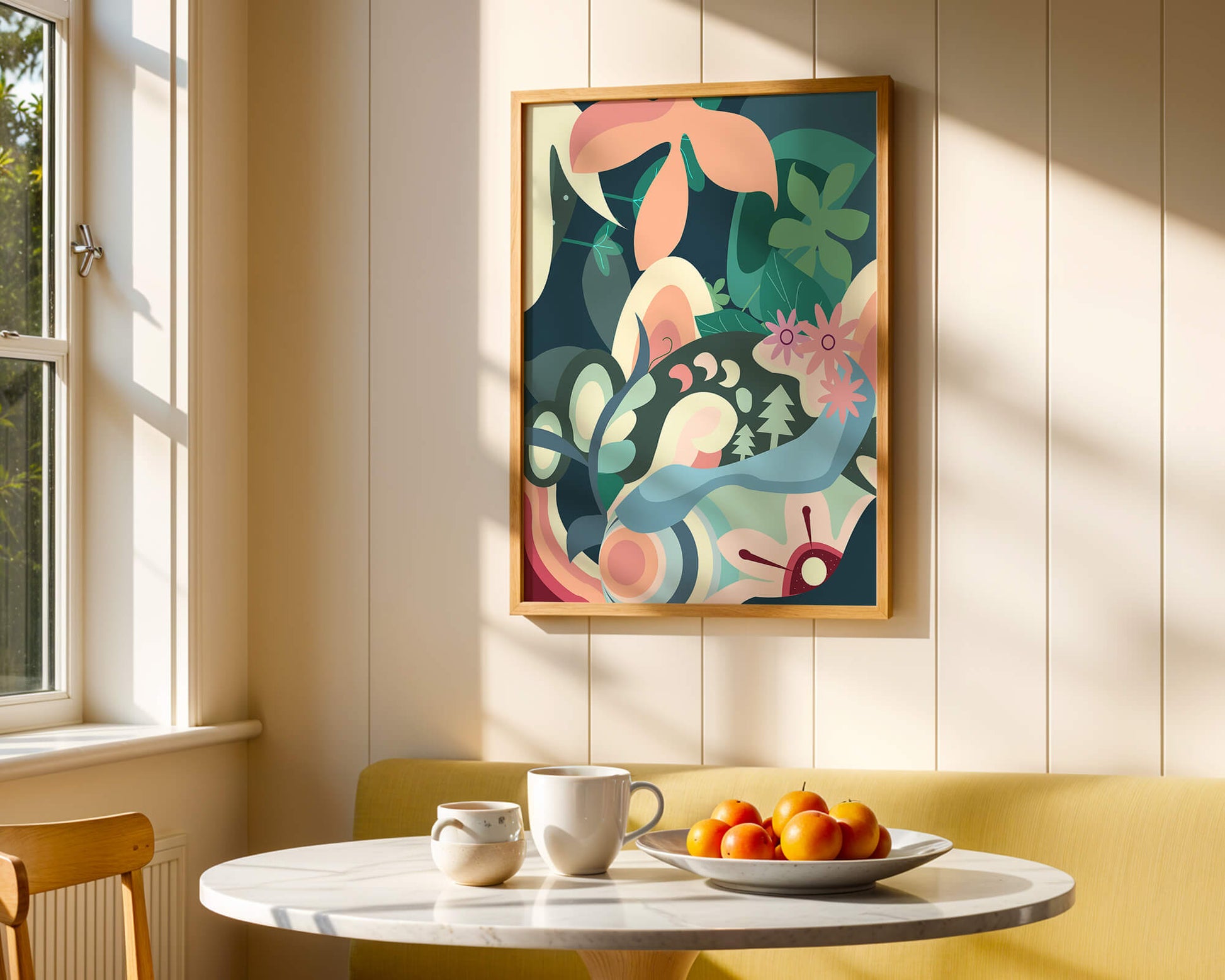 Abstract floral illustration with pastel colors and nature elements