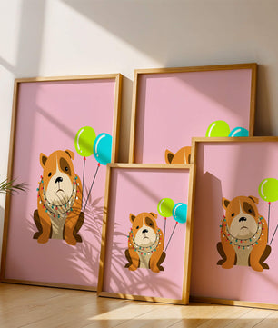 Perro de dibujos animados adorable con luces festivas y globos coloridos sobre fondo rosa
