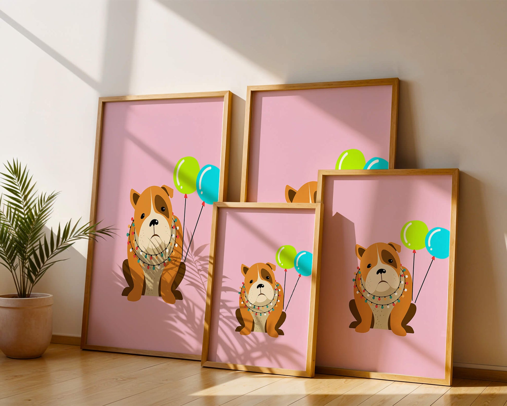 Perro de dibujos animados adorable con luces festivas y globos coloridos sobre fondo rosa