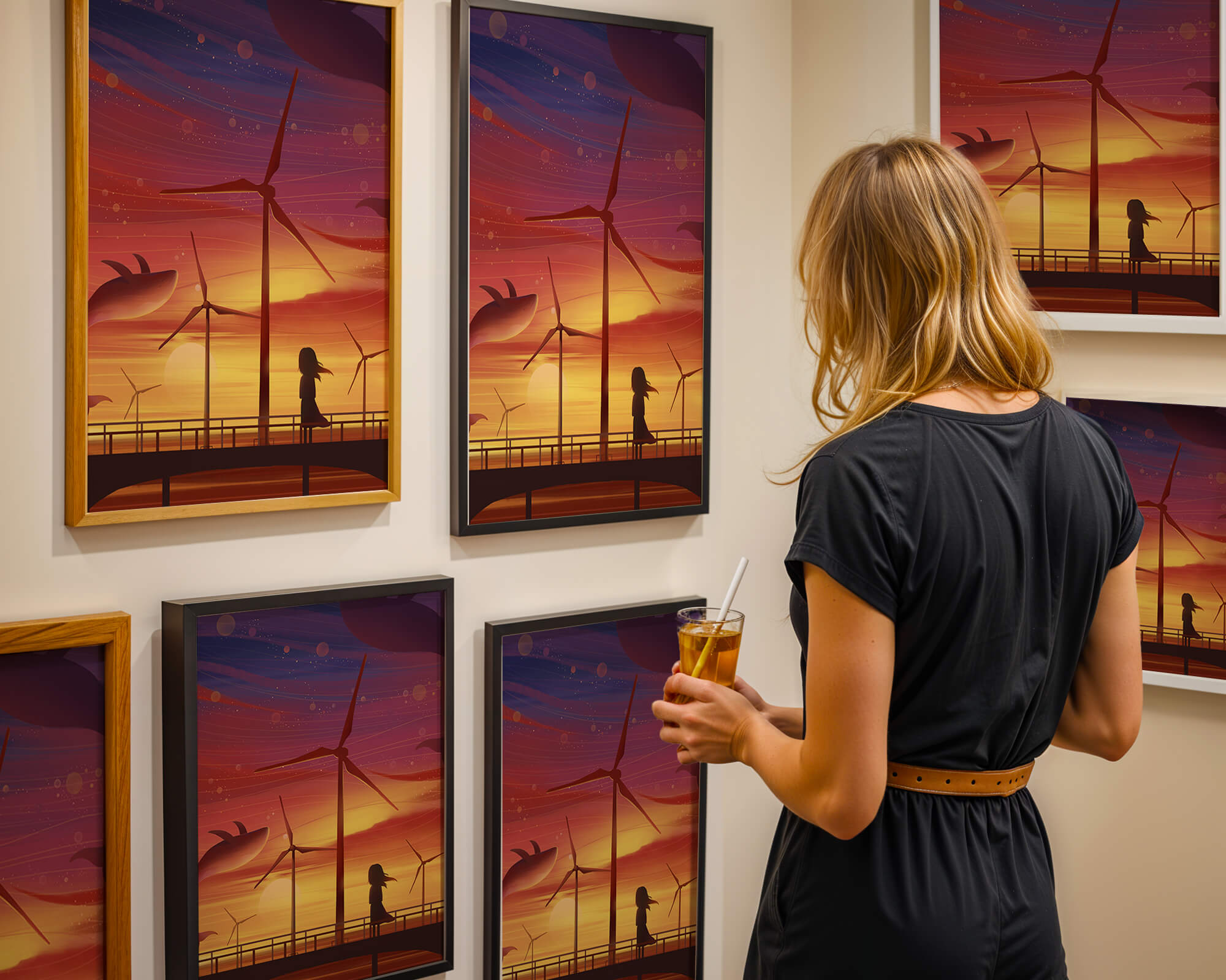 Enchanting sunset scene with wind turbines and silhouette of a girl