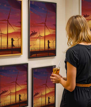Enchanting sunset scene with wind turbines and silhouette of a girl
