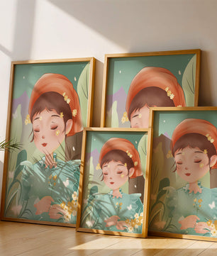 Ilustración serena de una chica en la naturaleza con flores y mariposas