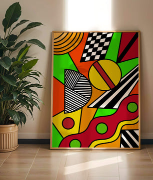 Vibrant geometric abstract artwork with bold colors and shapes