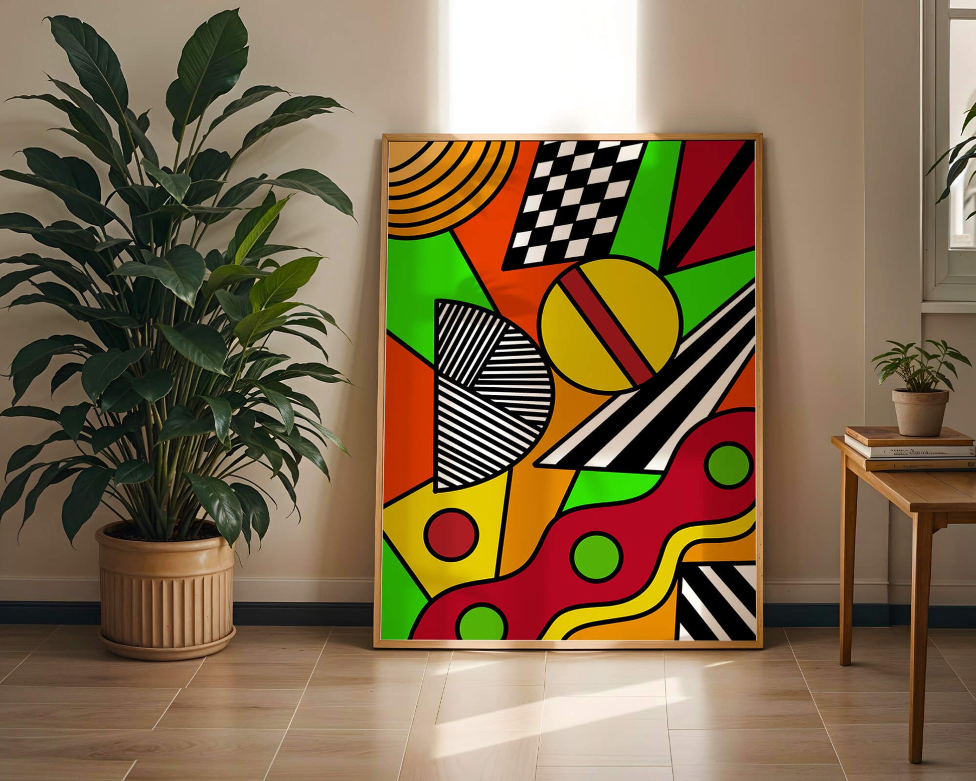 Vibrant geometric abstract artwork with bold colors and shapes