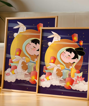 Illustration de déesse de la lune avec des lapins et des lanternes sur fond de mi-automne
