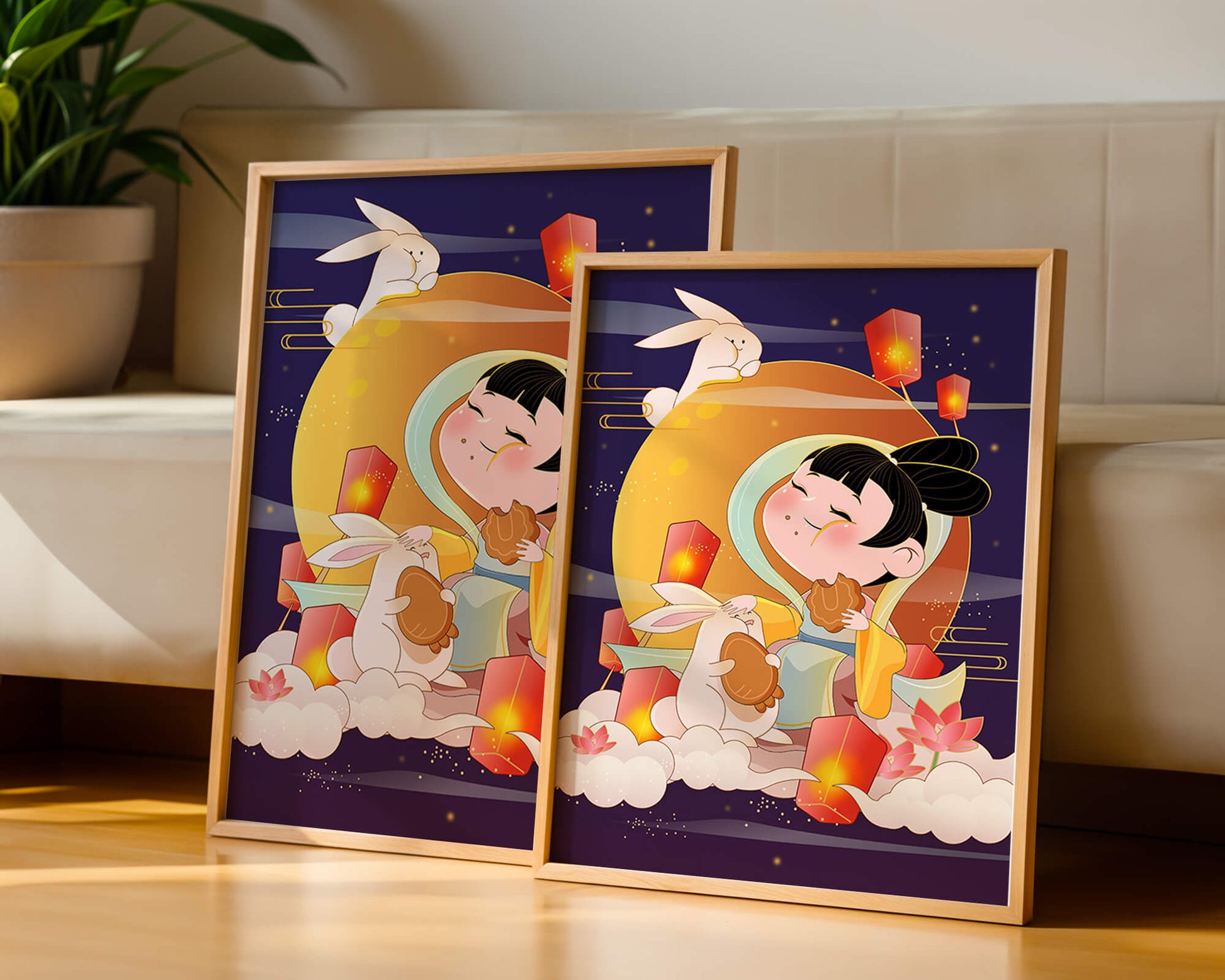 Illustration de déesse de la lune avec des lapins et des lanternes sur fond de mi-automne