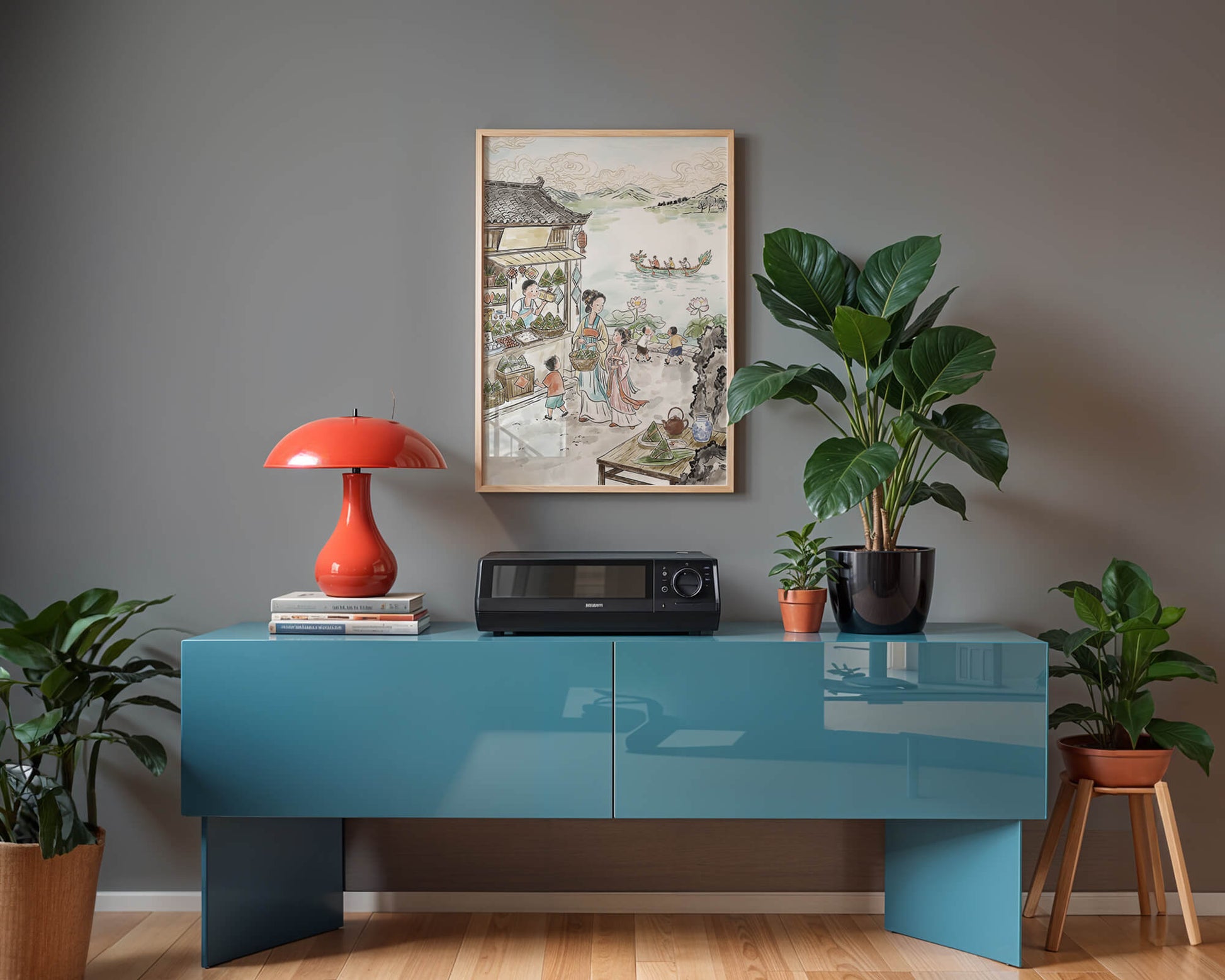 Escena tradicional del mercado chino con carreras de botes dragón