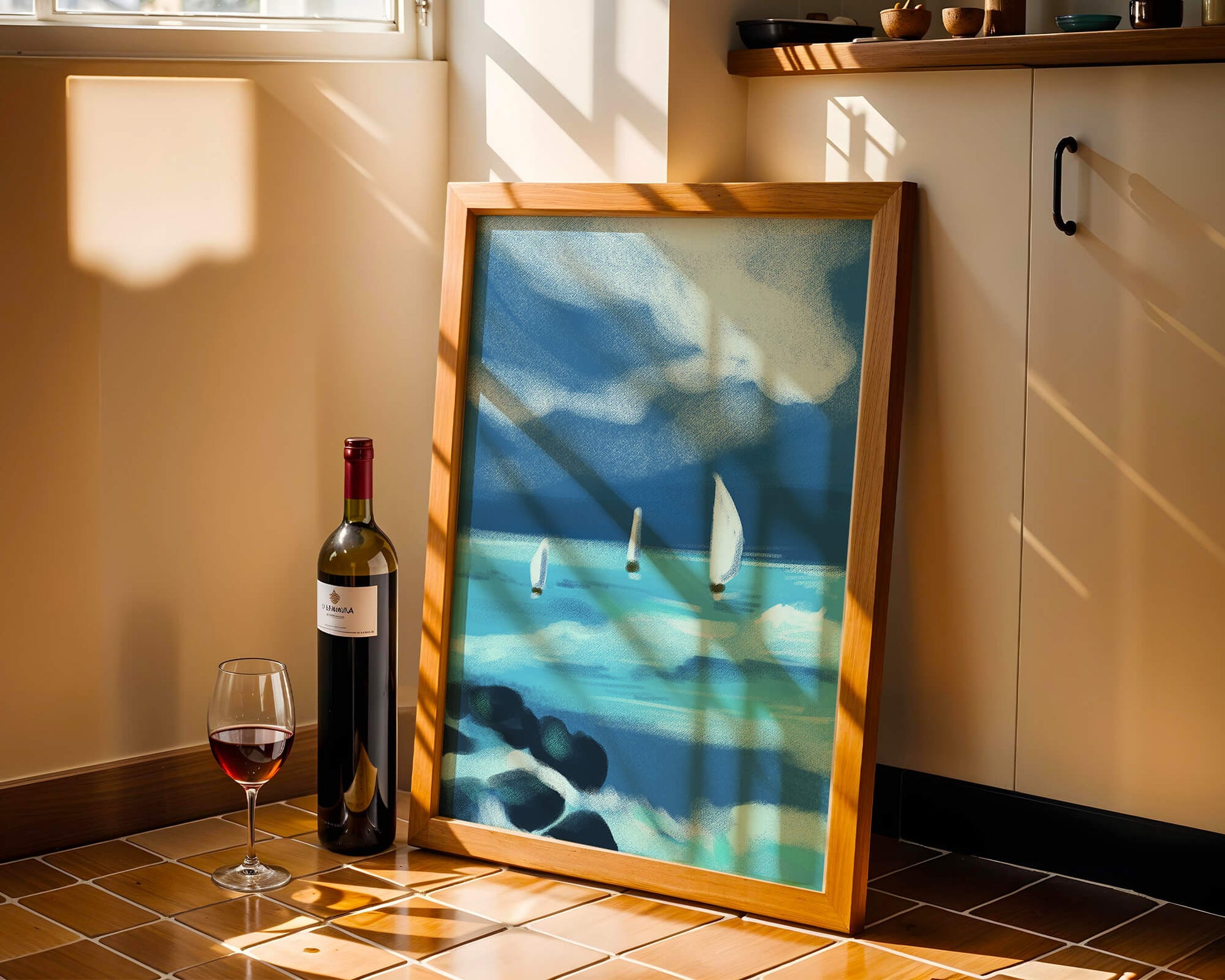 Seascape with sailboats navigating blue waves under a dramatic sky