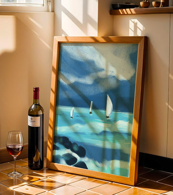 Seascape with sailboats navigating blue waves under a dramatic sky