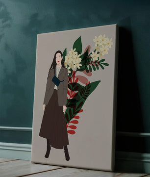 Elegant woman illustration with floral background in earthy tones
