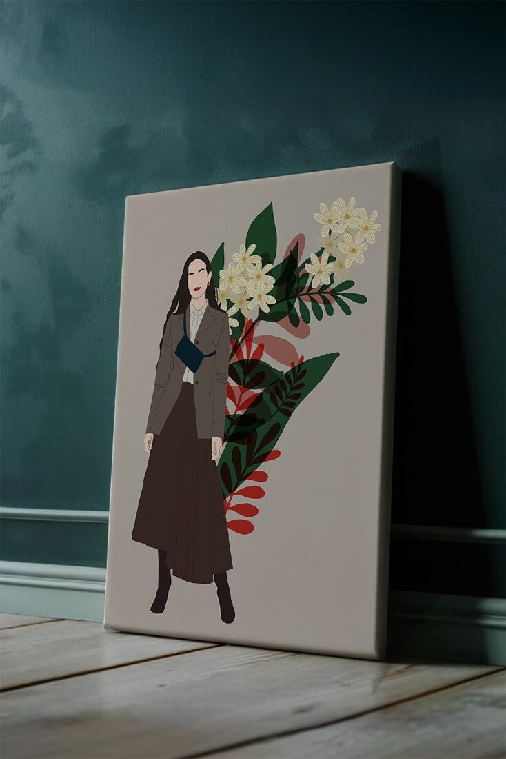 Elegant woman illustration with floral background in earthy tones