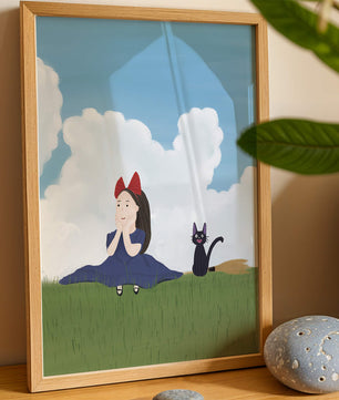 Niña con lazo rojo y gato en un prado verde exuberante