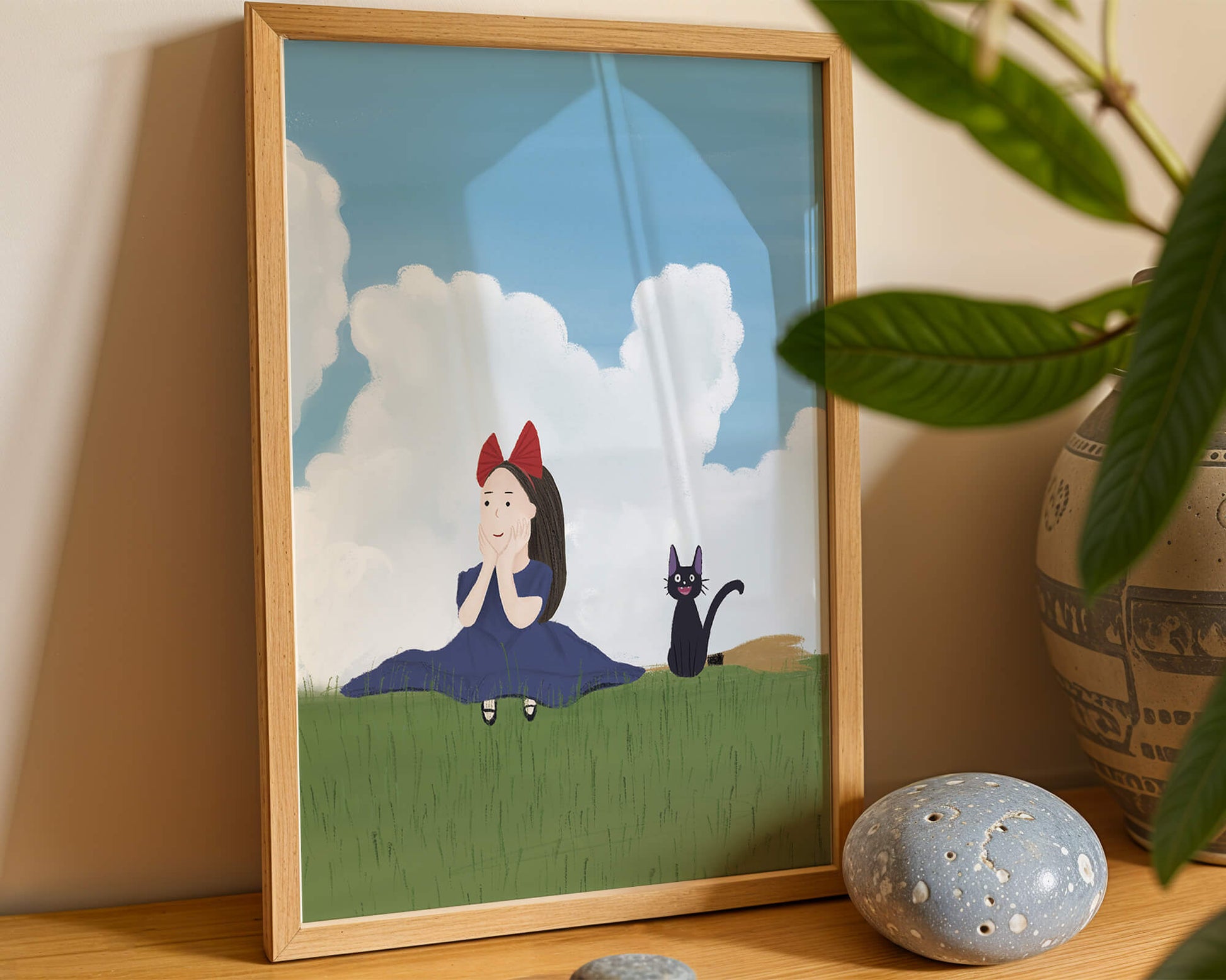 Girl with Red Bow and Cat in Lush Green Meadow