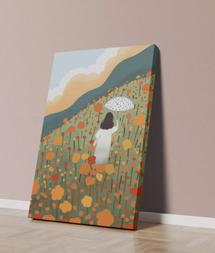 Woman with Umbrella in Blooming Field on a Sunny Day