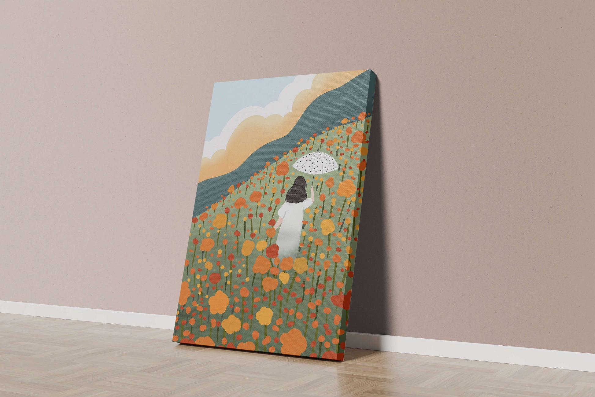 Woman with Umbrella in Blooming Field on a Sunny Day