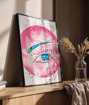Abstract Eye Illustration with Pink Background and Blue Accents - Mi tienda